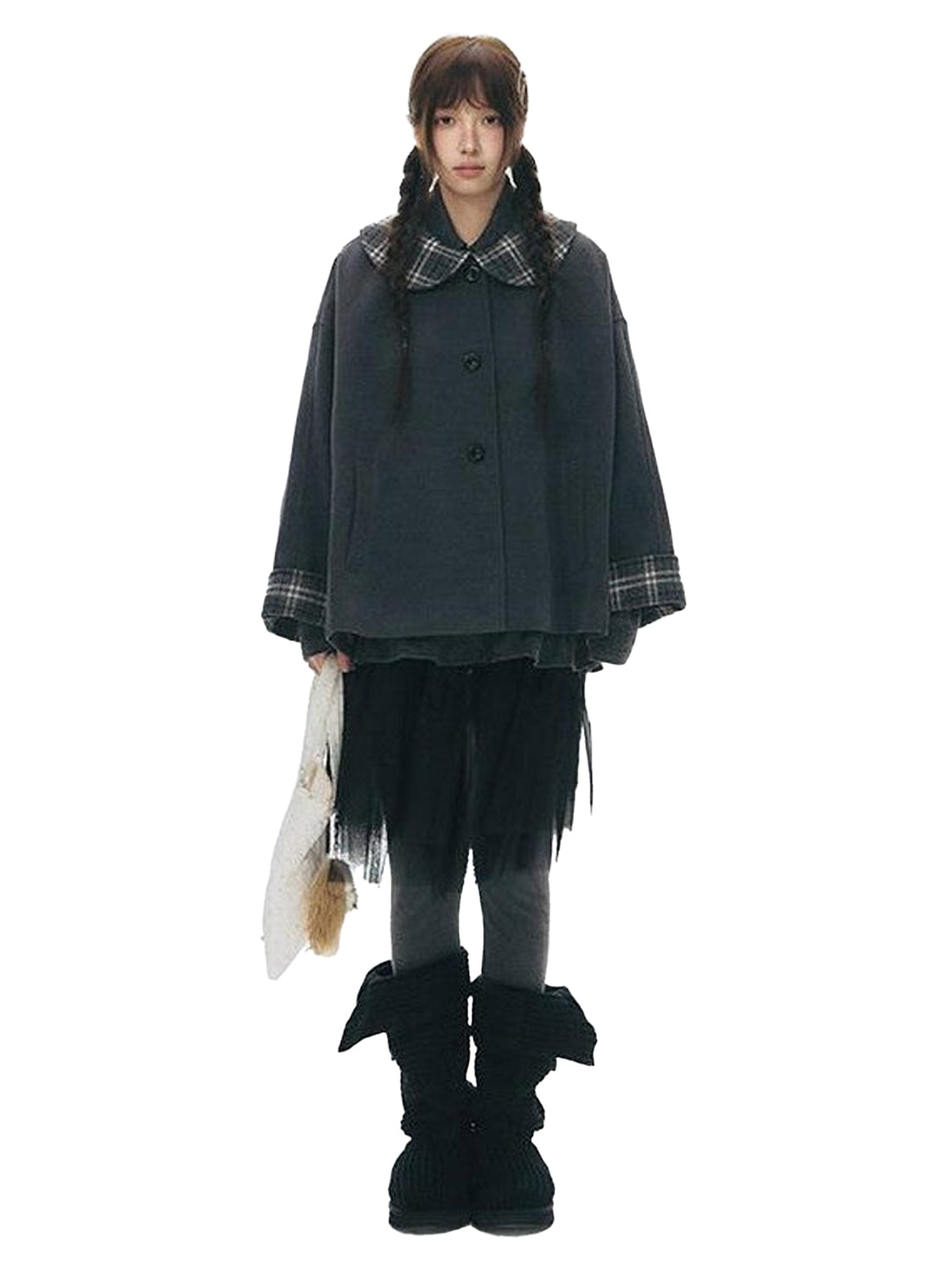 NAPSNAPS Patchwork Plaid Cape Doll Collar Bell Sleeve Women&