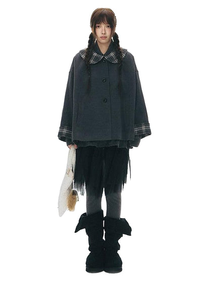 NAPSNAPS Patchwork Plaid Cape Doll Collar Bell Sleeve Women&