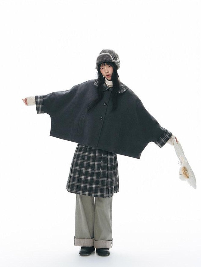 NAPSNAPS Patchwork Plaid Cape Doll Collar Bell Sleeve Women&