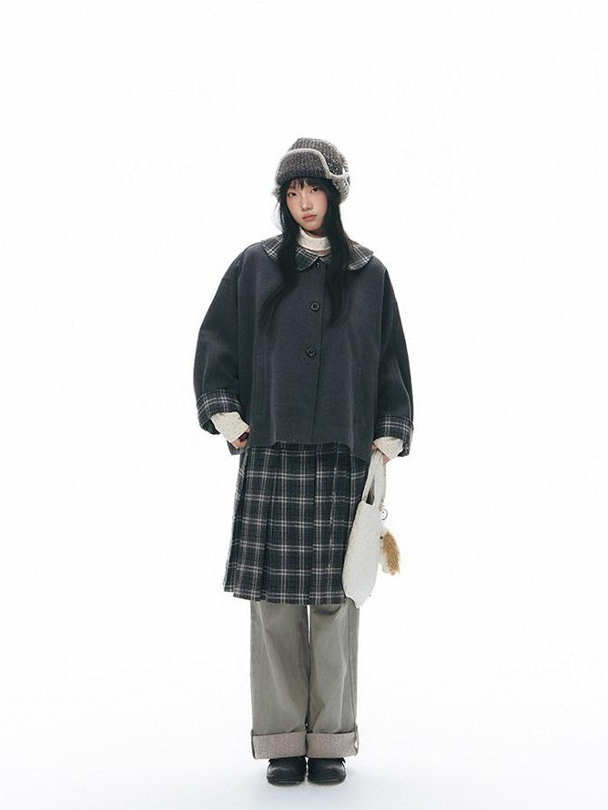 NAPSNAPS Patchwork Plaid Cape Doll Collar Bell Sleeve Women&