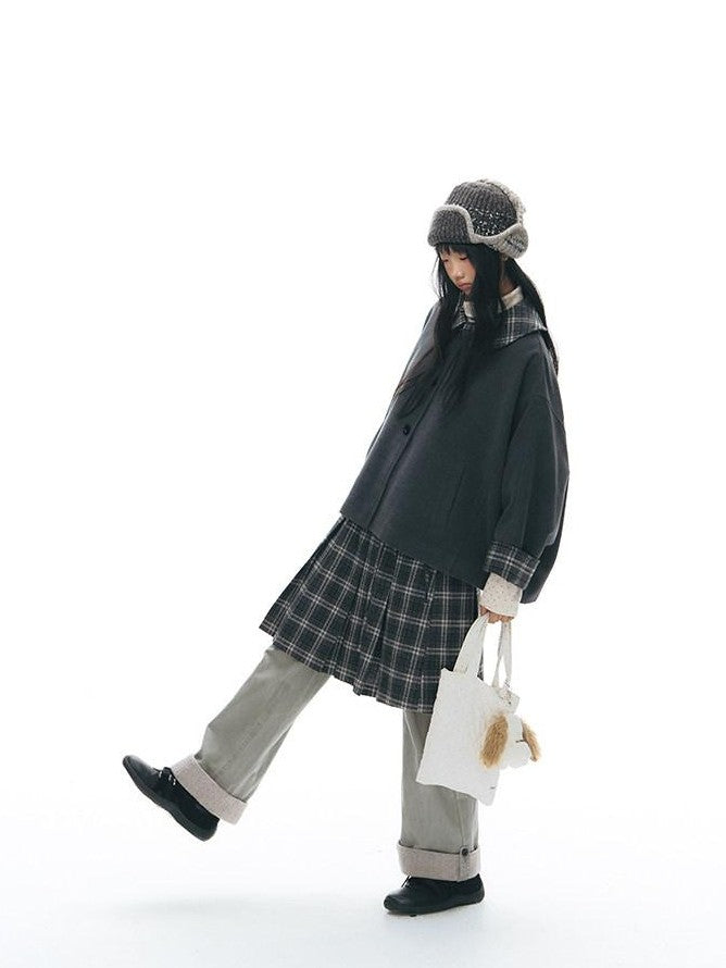 NAPSNAPS Patchwork Plaid Cape Doll Collar Bell Sleeve Women&