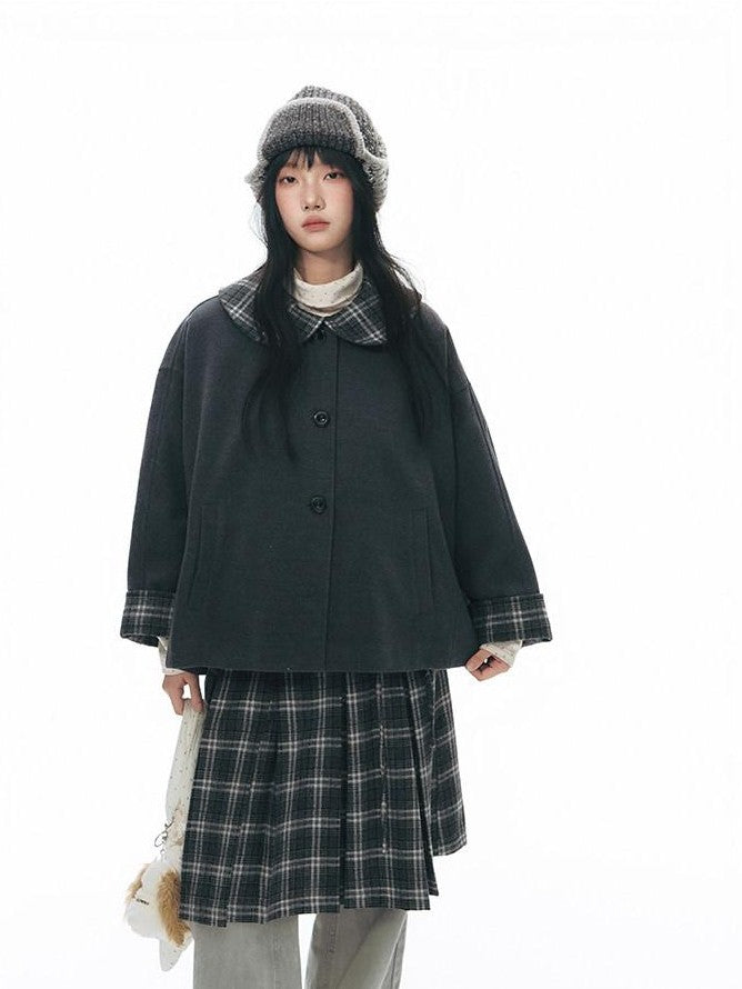 NAPSNAPS Patchwork Plaid Cape Doll Collar Bell Sleeve Women&