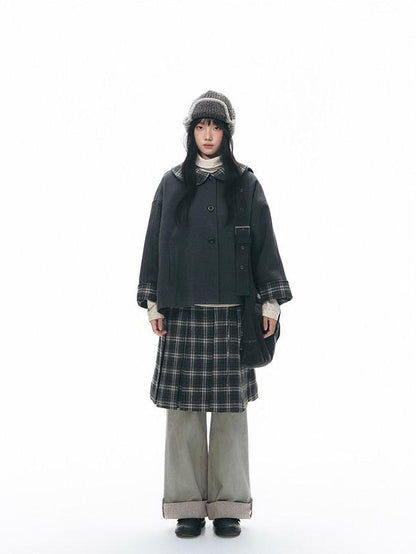 NAPSNAPS Patchwork Plaid Cape Doll Collar Bell Sleeve Women&