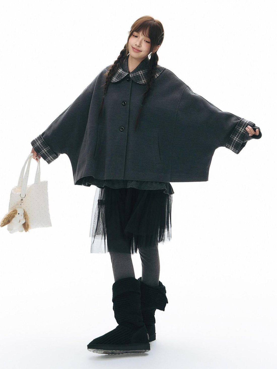NAPSNAPS Patchwork Plaid Cape Doll Collar Bell Sleeve Women&