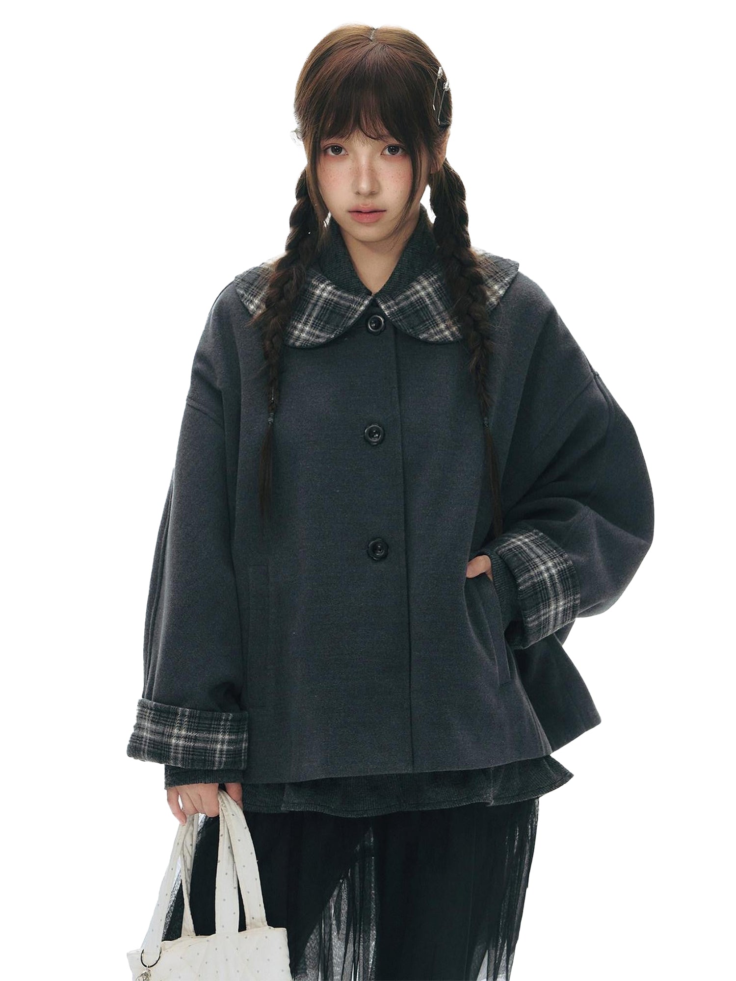 NAPSNAPS Patchwork Plaid Cape Doll Collar Bell Sleeve Women&