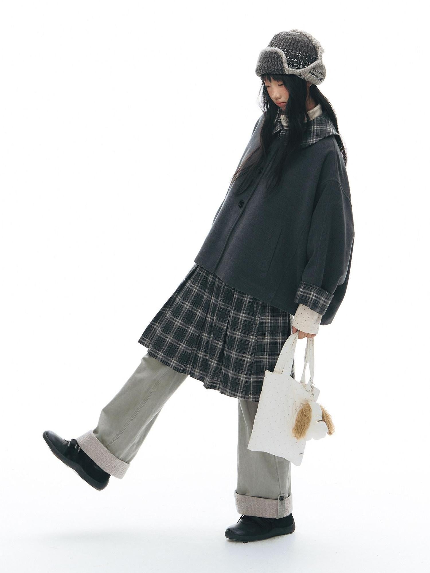 NAPSNAPS Patchwork Plaid Cape Doll Collar Bell Sleeve Women&