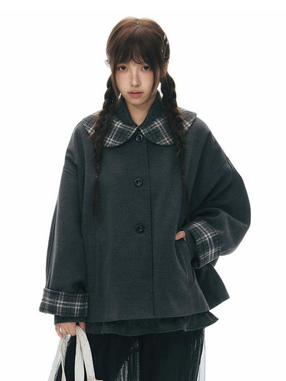 NAPSNAPS Patchwork Plaid Cape Doll Collar Bell Sleeve Women&