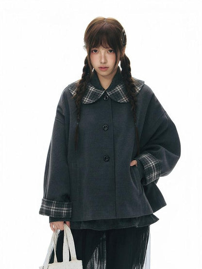 NAPSNAPS Patchwork Plaid Cape Doll Collar Bell Sleeve Women&