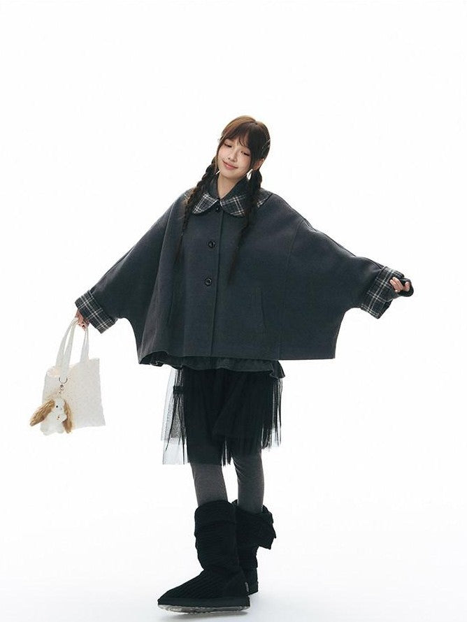 NAPSNAPS Patchwork Plaid Cape Doll Collar Bell Sleeve Women&