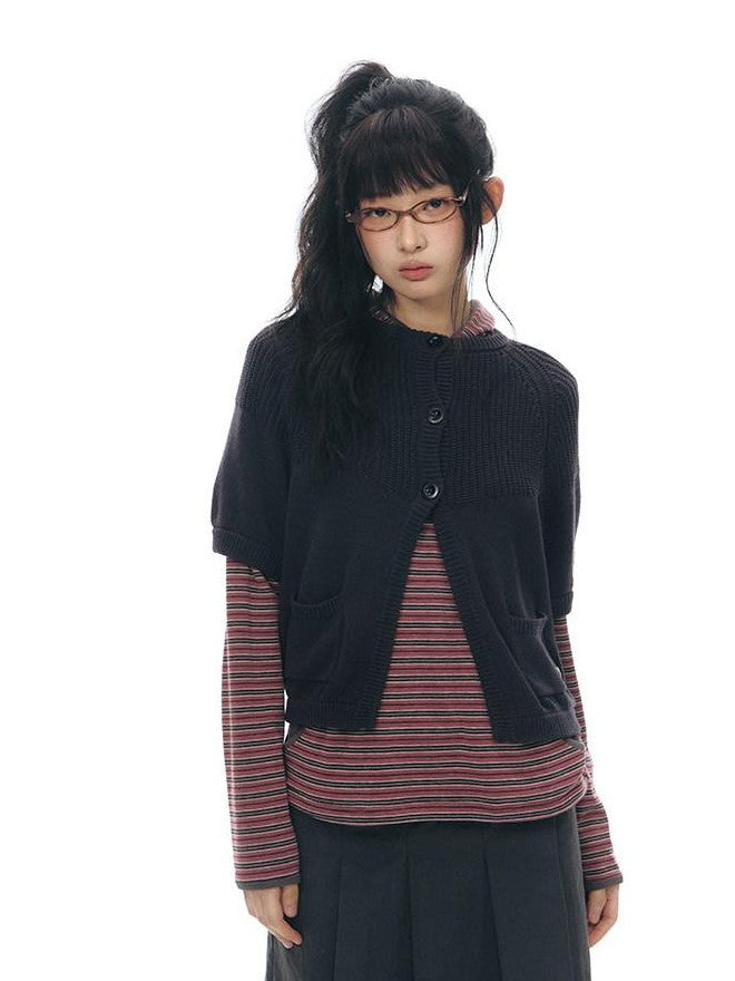 NAPSNAPS Patchwork Pockets Raglan Elbow Sleeve Round Neck Women&