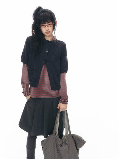 NAPSNAPS Patchwork Pockets Raglan Elbow Sleeve Round Neck Women&