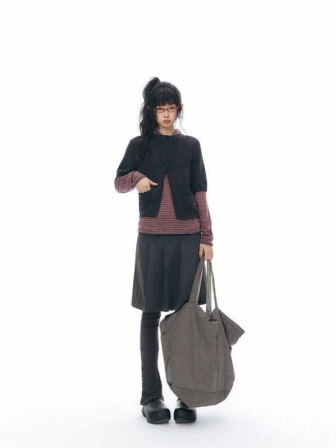 NAPSNAPS Patchwork Pockets Raglan Elbow Sleeve Round Neck Women&