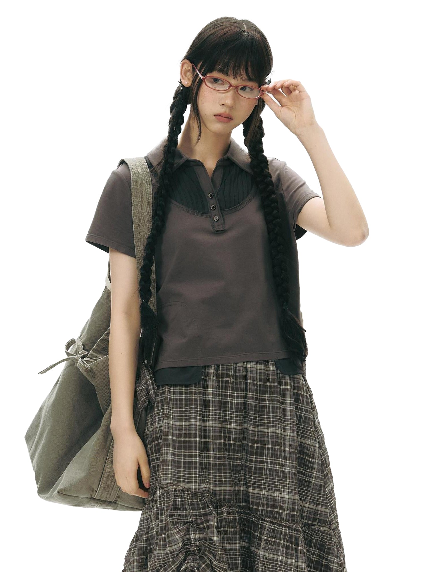 NAPSNAPS Patchwork Polo Collar Faux Two Piece Women&