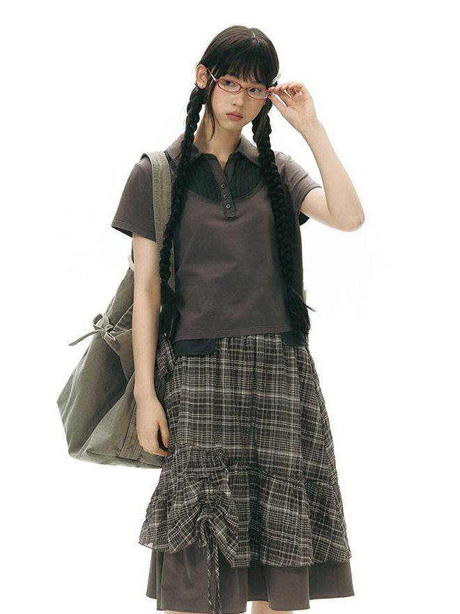 NAPSNAPS Patchwork Polo Collar Faux Two Piece Women&