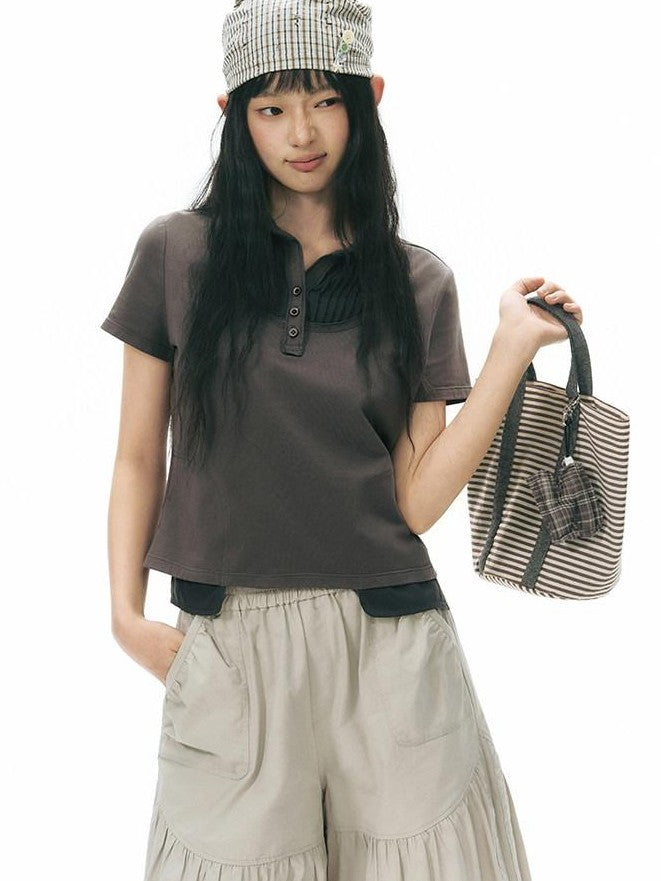 NAPSNAPS Patchwork Polo Collar Faux Two Piece Women&