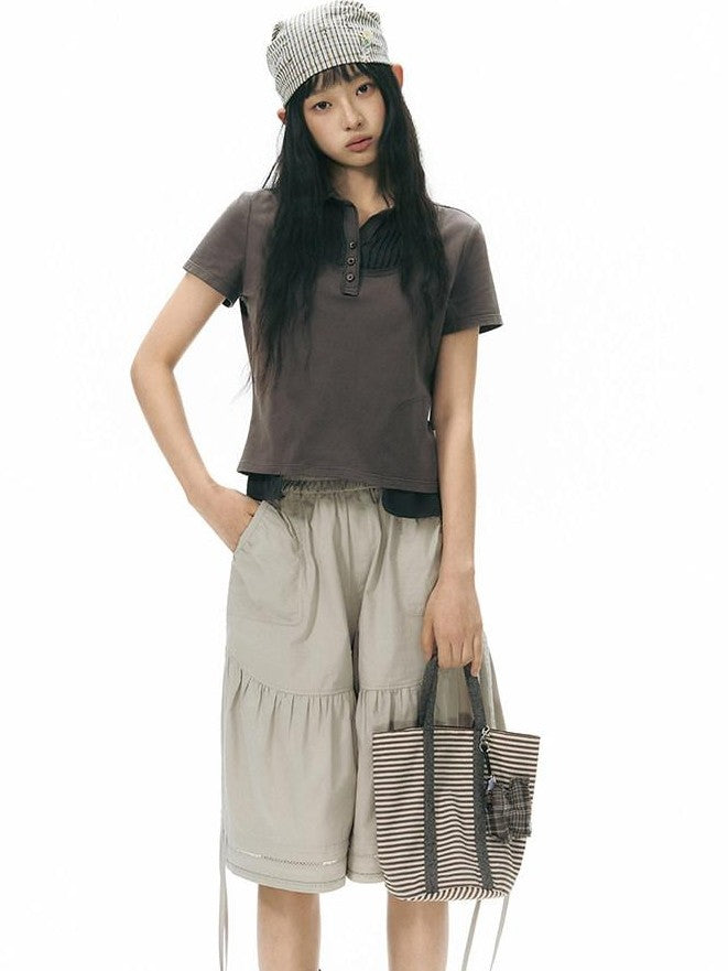 NAPSNAPS Patchwork Polo Collar Faux Two Piece Women&