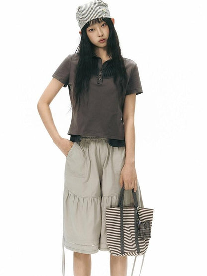 NAPSNAPS Patchwork Polo Collar Faux Two Piece Women&