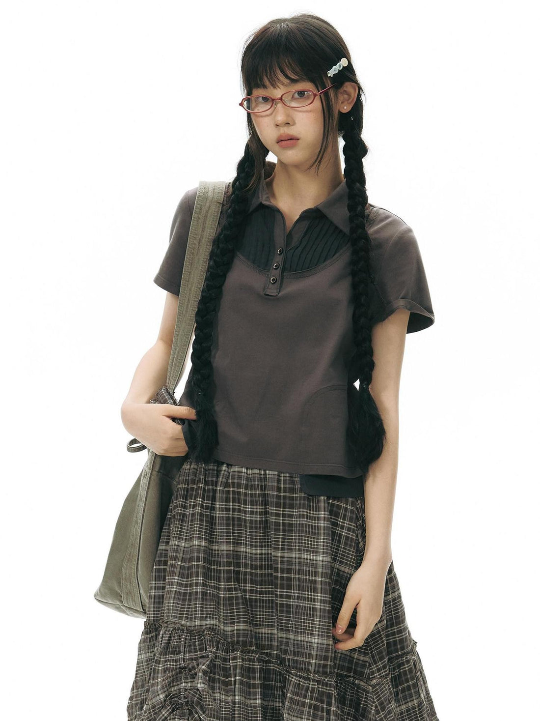 NAPSNAPS Patchwork Polo Collar Faux Two Piece Women&