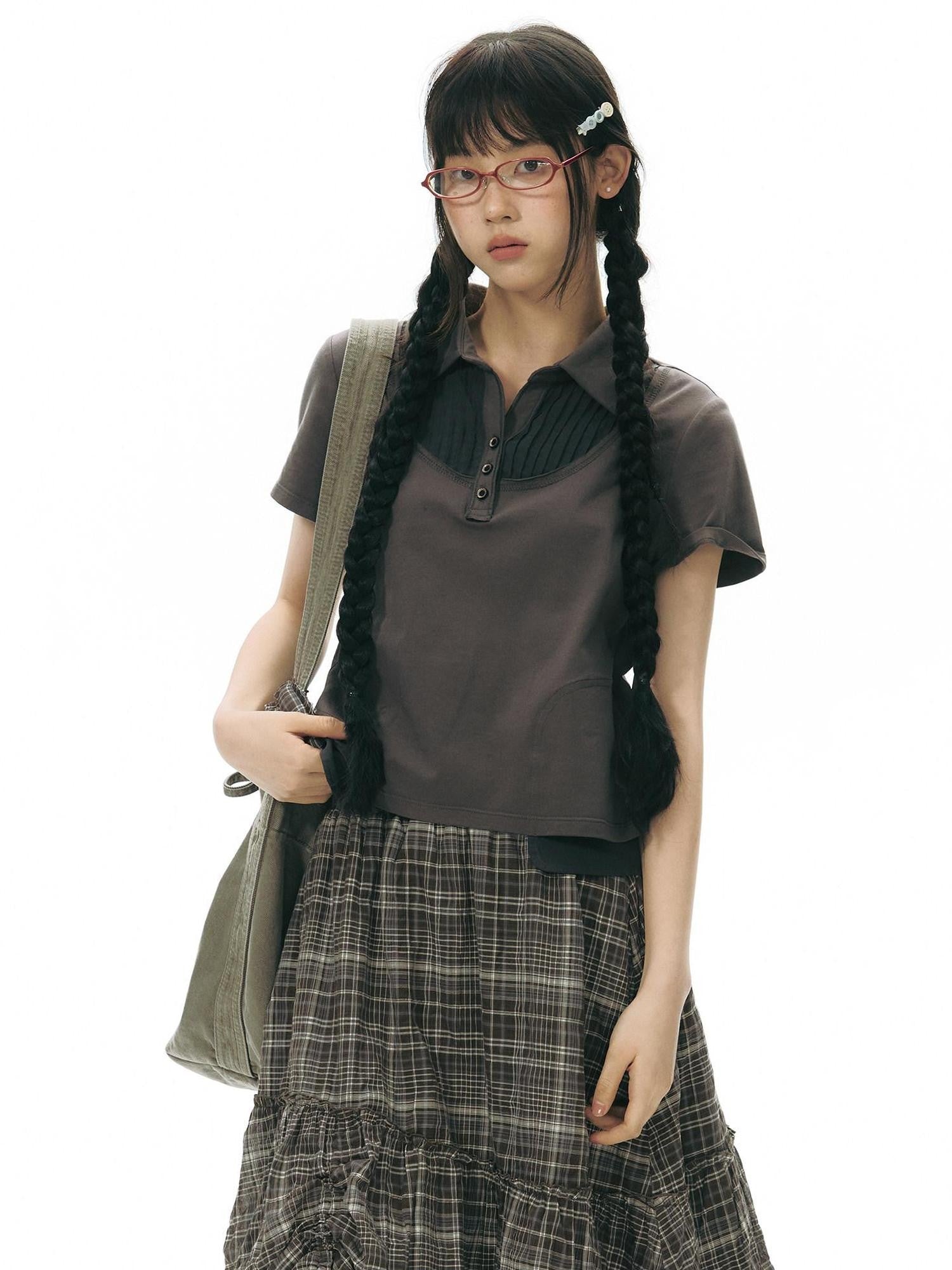 NAPSNAPS Patchwork Polo Collar Faux Two Piece Women&
