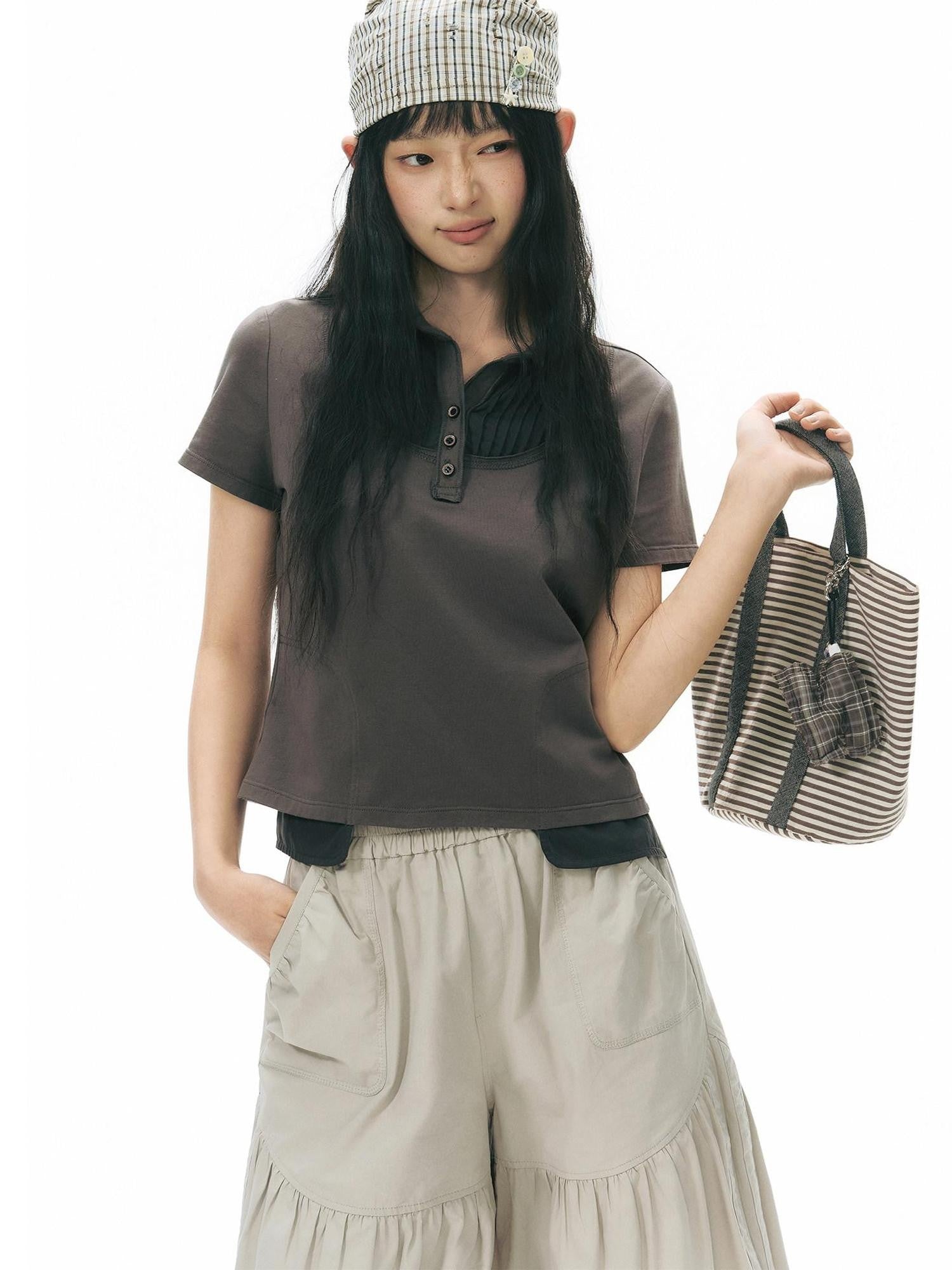 NAPSNAPS Patchwork Polo Collar Faux Two Piece Women&