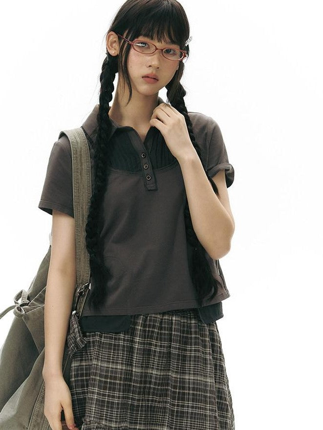 NAPSNAPS Patchwork Polo Collar Faux Two Piece Women&