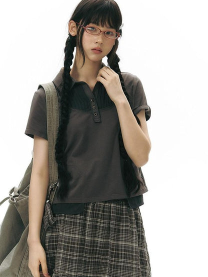 NAPSNAPS Patchwork Polo Collar Faux Two Piece Women&