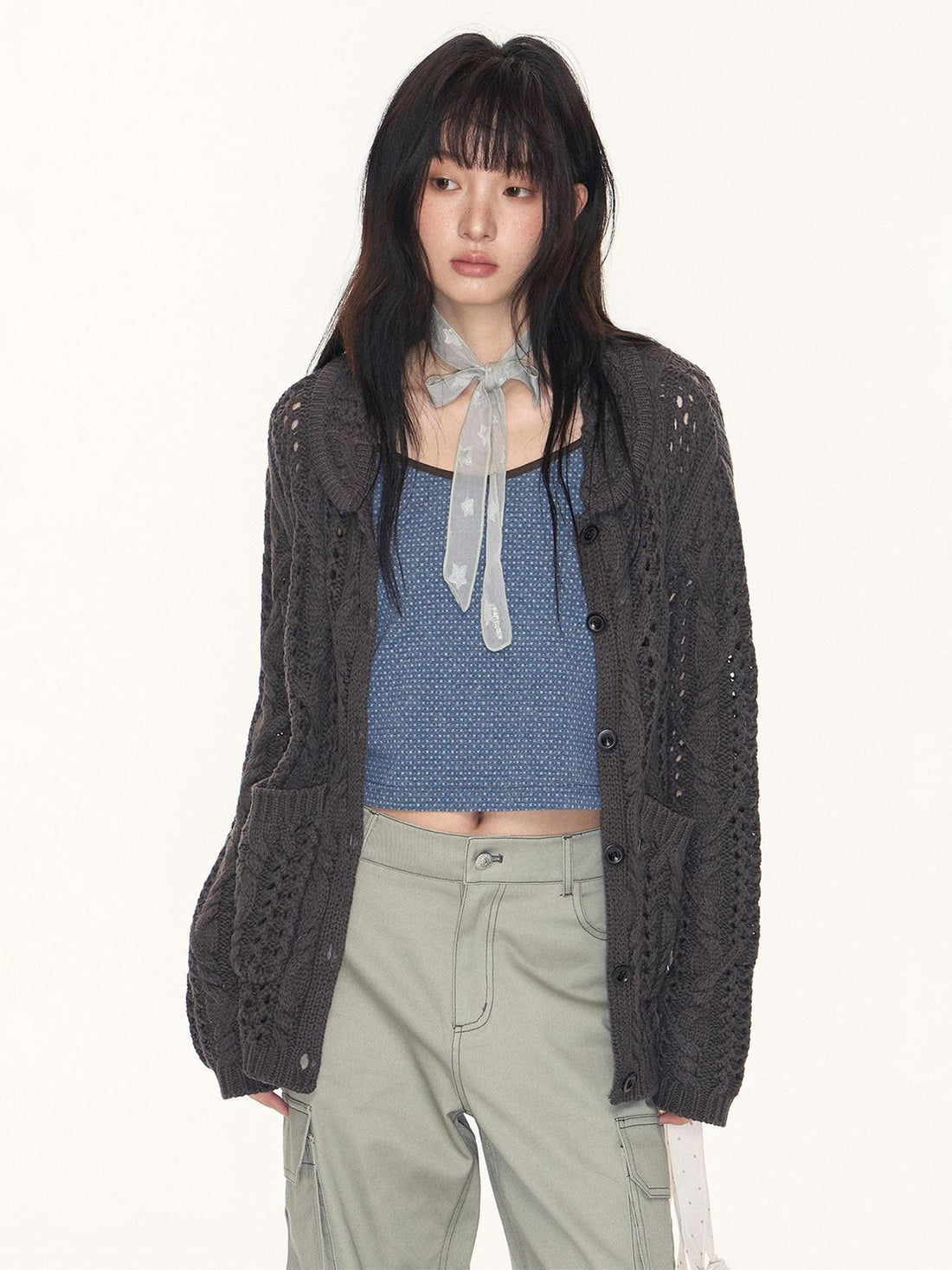 NAPSNAPS Petal Collar Openwork Jacquard Chunky Knit Women&