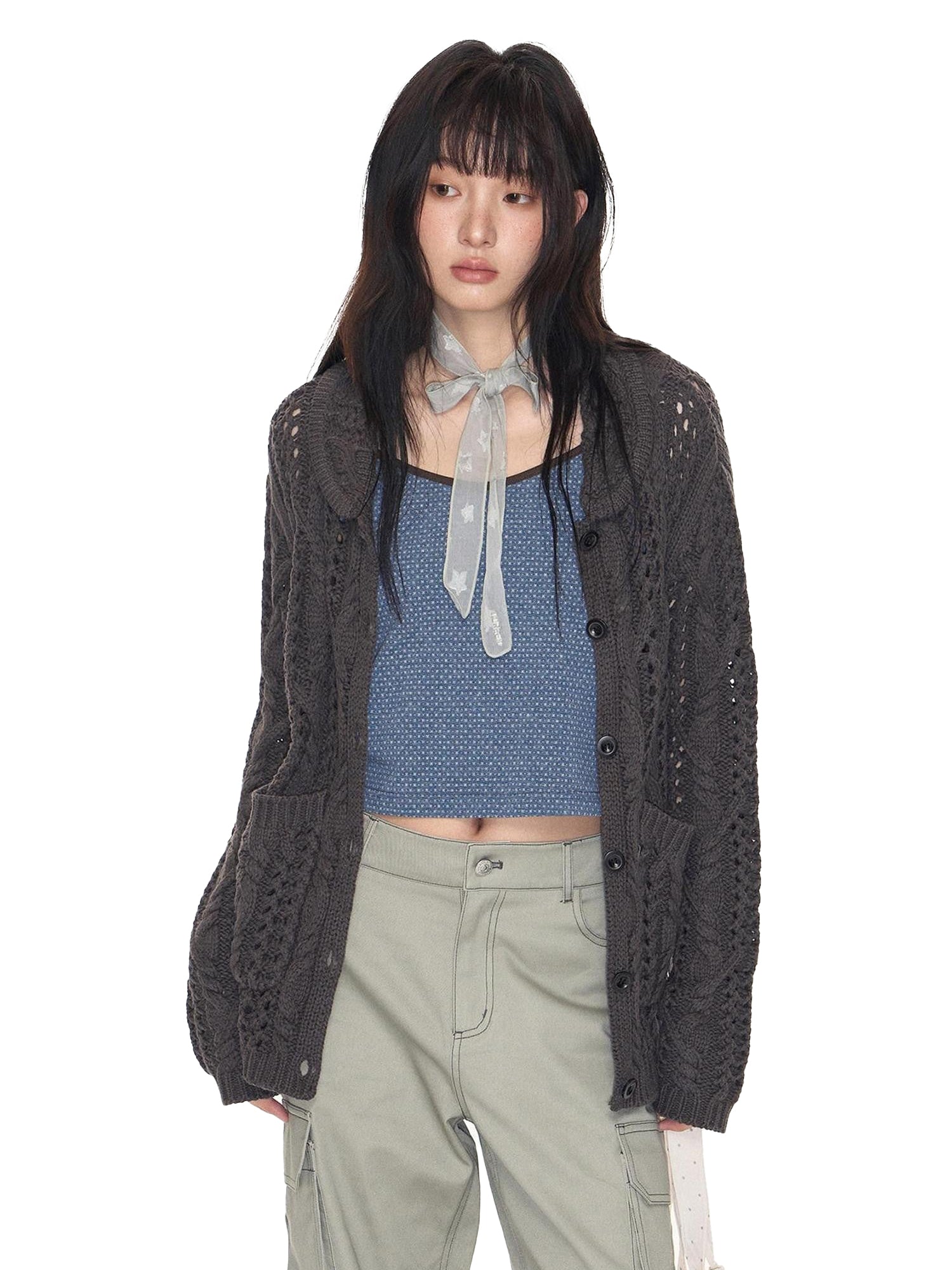 NAPSNAPS Petal Collar Openwork Jacquard Chunky Knit Women&