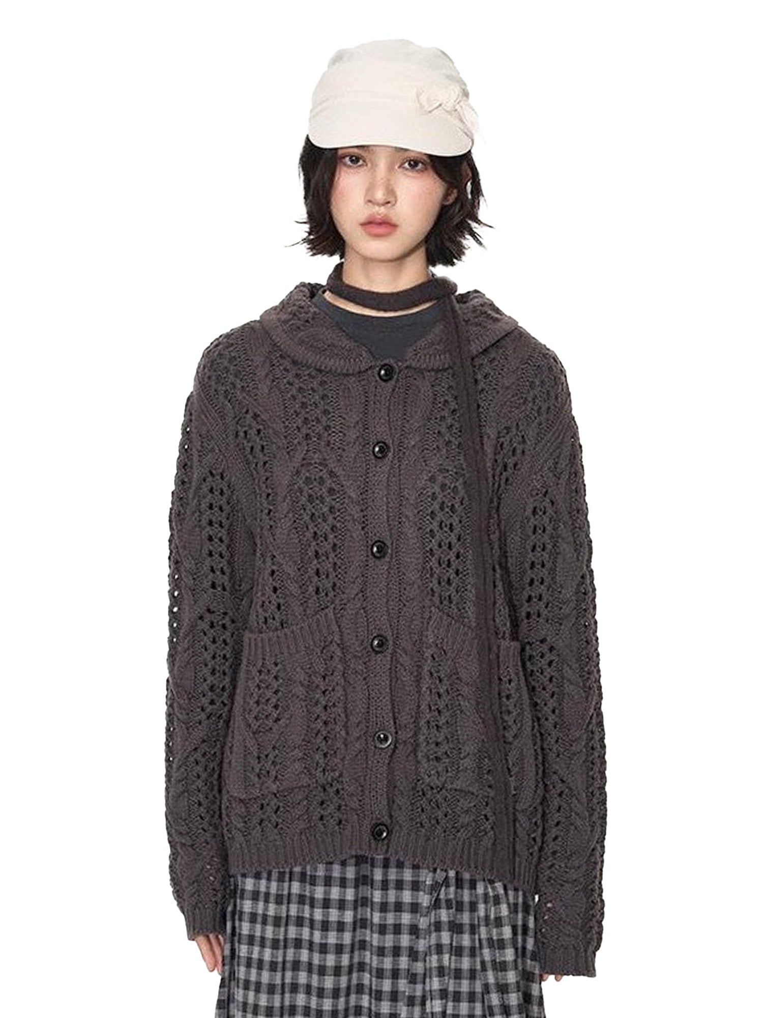 NAPSNAPS Petal Collar Openwork Jacquard Chunky Knit Women&