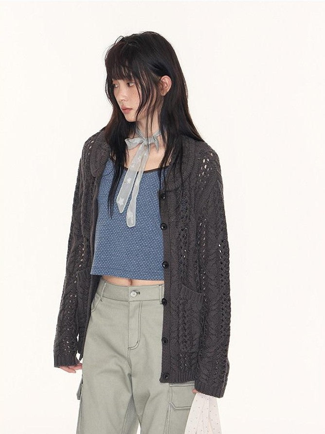 NAPSNAPS Petal Collar Openwork Jacquard Chunky Knit Women&