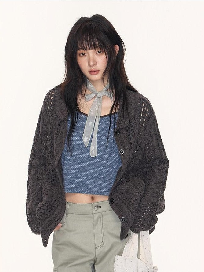 NAPSNAPS Petal Collar Openwork Jacquard Chunky Knit Women&