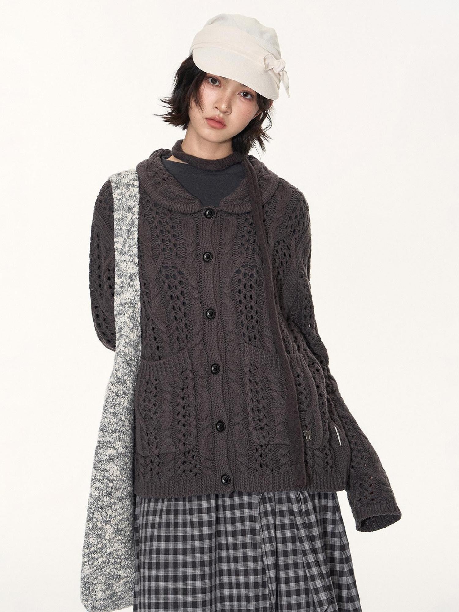NAPSNAPS Petal Collar Openwork Jacquard Chunky Knit Women&