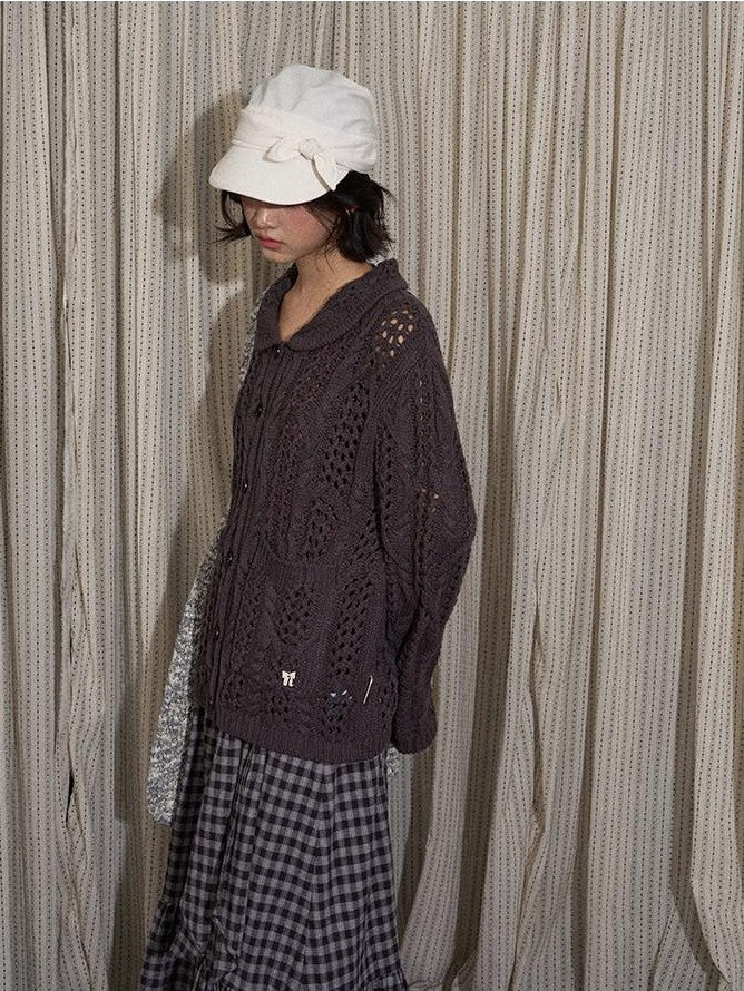 NAPSNAPS Petal Collar Openwork Jacquard Chunky Knit Women&