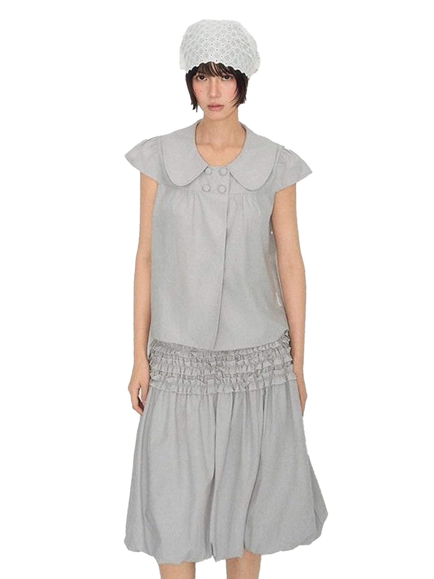 NAPSNAPS Peter Pan Collar Double Row Button Ruffle Edge Women&