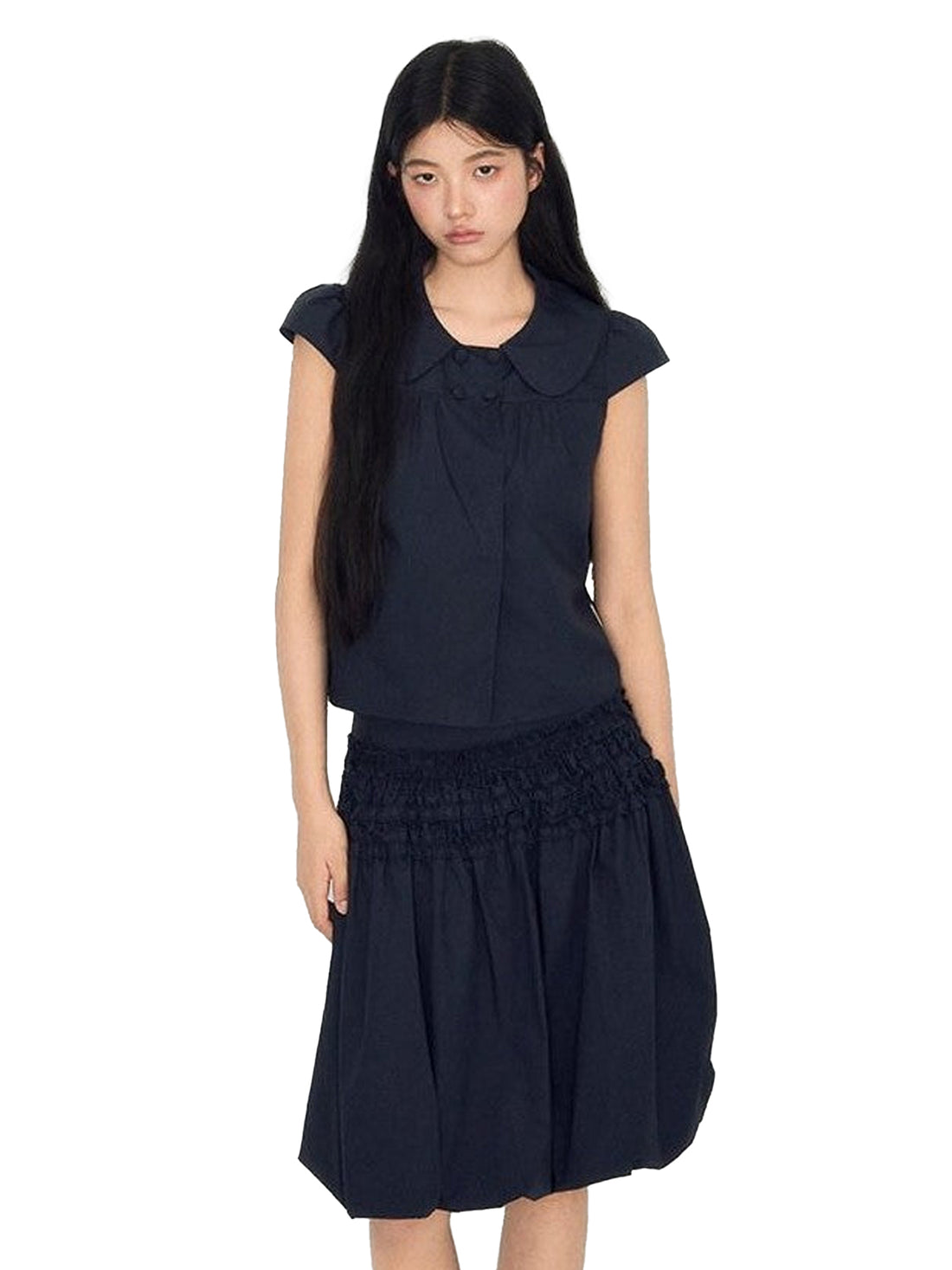 NAPSNAPS Peter Pan Collar Double Row Button Ruffle Edge Women&