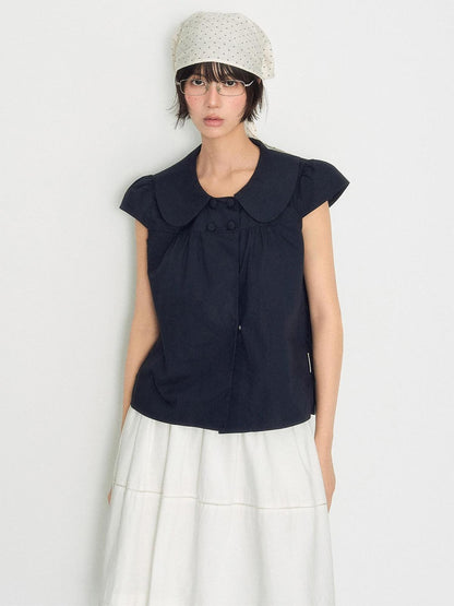 NAPSNAPS Peter Pan Collar Double Row Button Ruffle Edge Women&