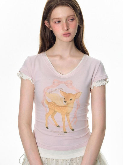 NAPSNAPS Pink Layered Look Deer Print Slim Women&