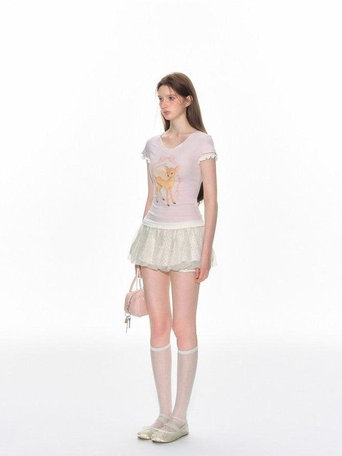 NAPSNAPS Pink Layered Look Deer Print Slim Women&