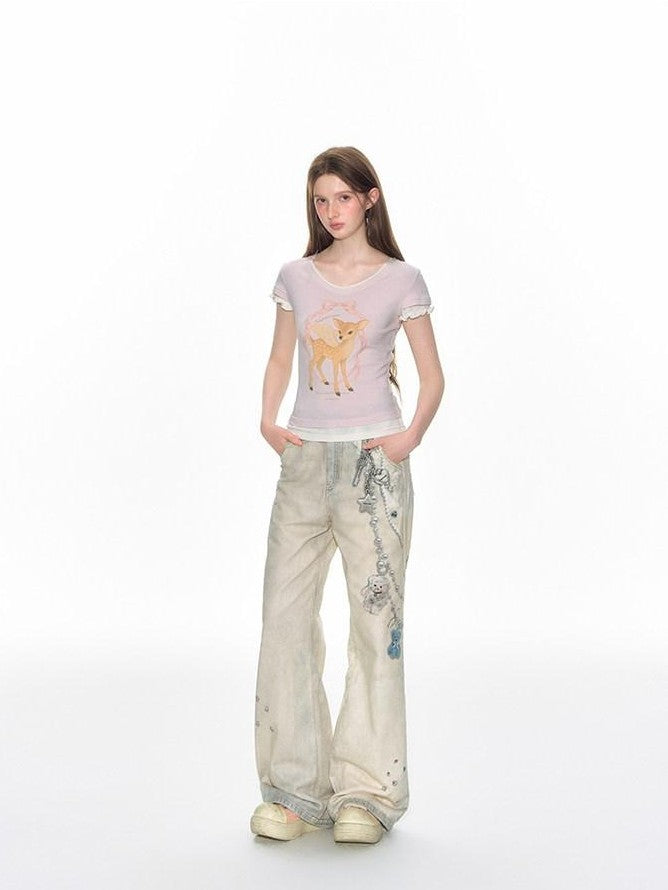 NAPSNAPS Pink Layered Look Deer Print Slim Women&