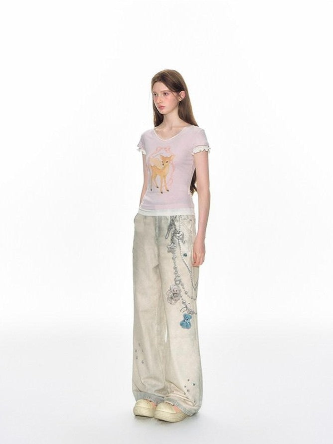 NAPSNAPS Pink Layered Look Deer Print Slim Women&