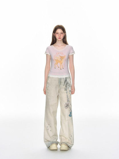 NAPSNAPS Pink Layered Look Deer Print Slim Women&