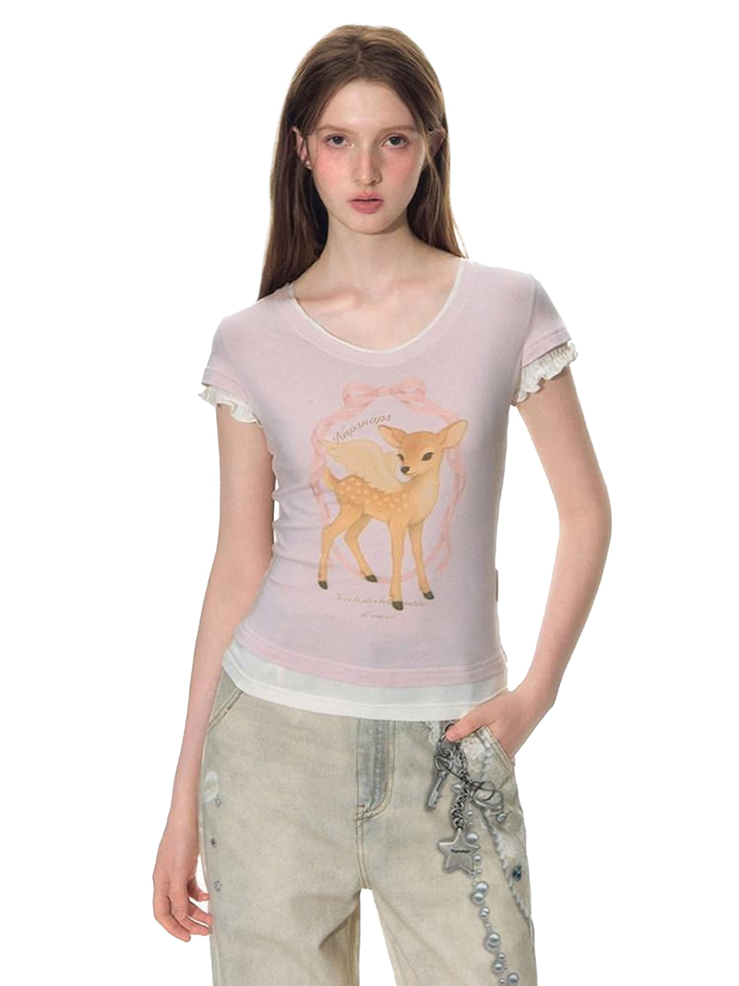 NAPSNAPS Pink Layered Look Deer Print Slim Women&
