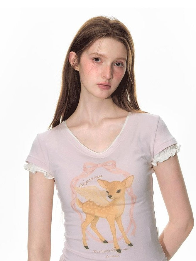 NAPSNAPS Pink Layered Look Deer Print Slim Women&