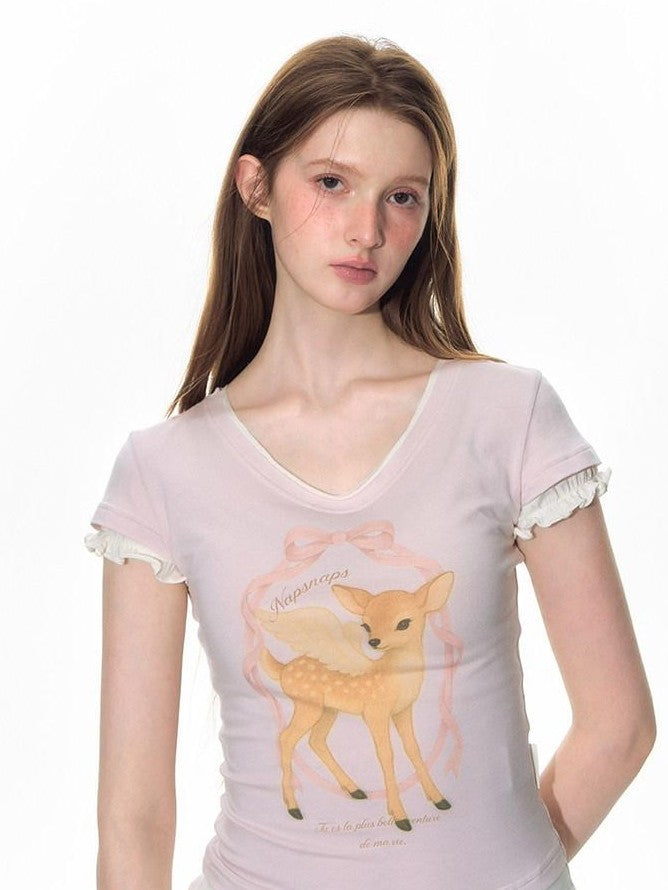 NAPSNAPS Pink Layered Look Deer Print Slim Women&