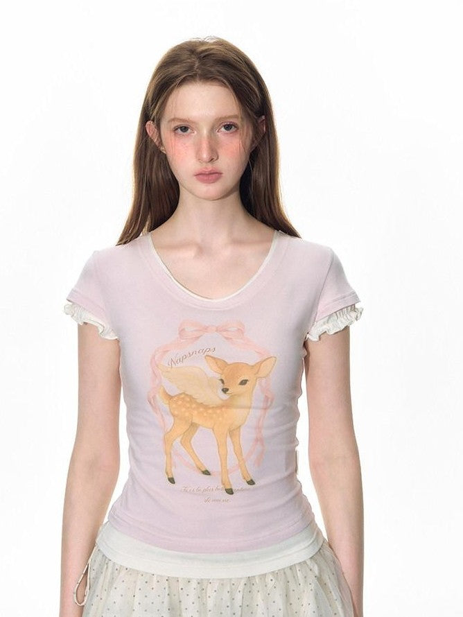 NAPSNAPS Pink Layered Look Deer Print Slim Women&