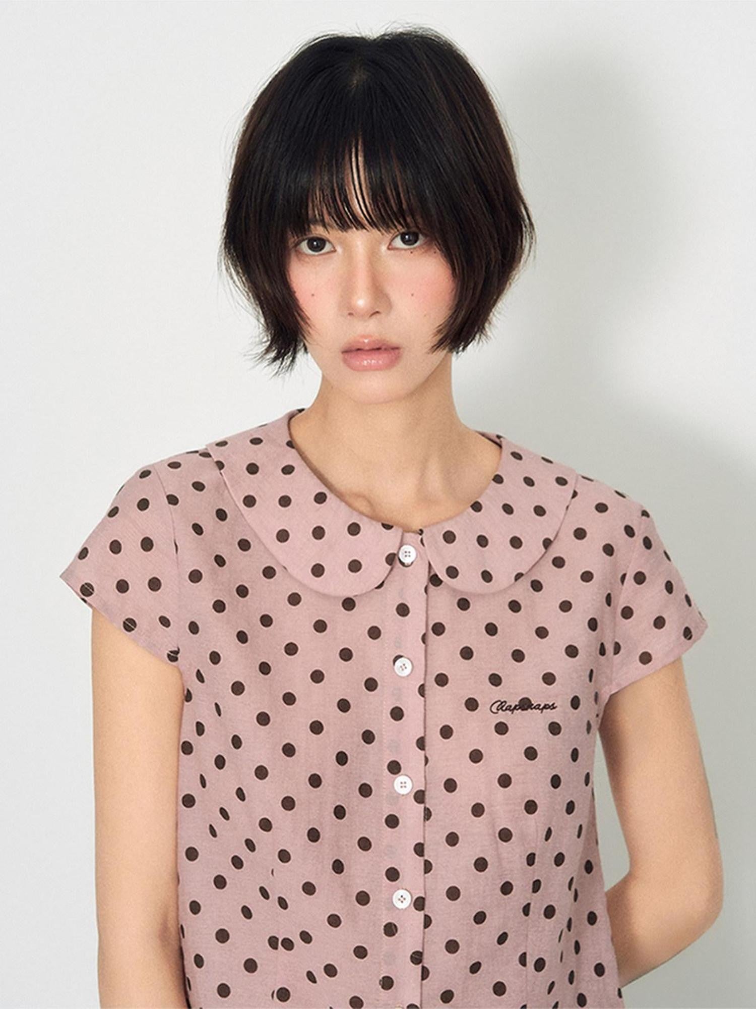 NAPSNAPS Pink Polka Dot Doll Collar Spliced Slim Women&