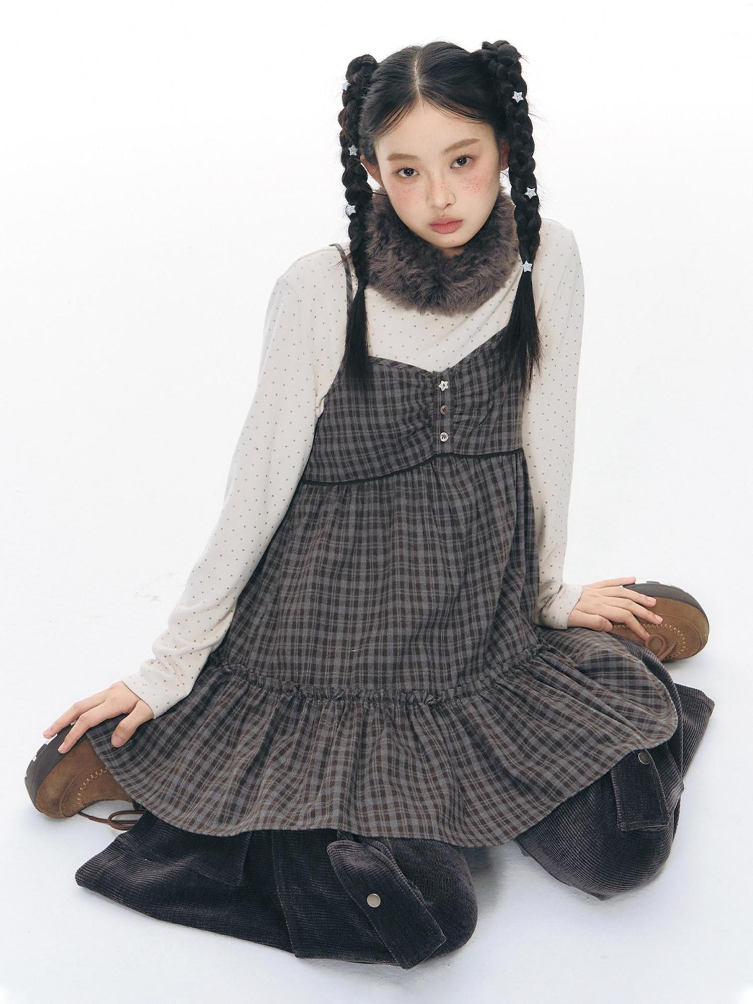 NAPSNAPS Plaid Button Ruching Ruffle Layered Women&