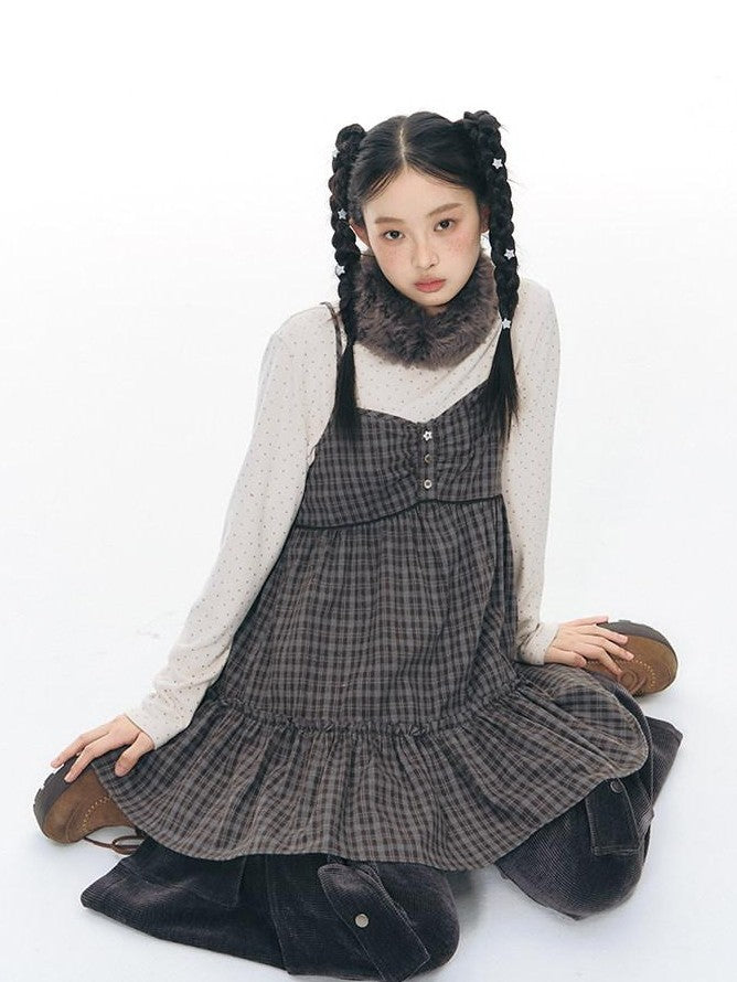 NAPSNAPS Plaid Button Ruching Ruffle Layered Women&