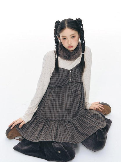 NAPSNAPS Plaid Button Ruching Ruffle Layered Women&