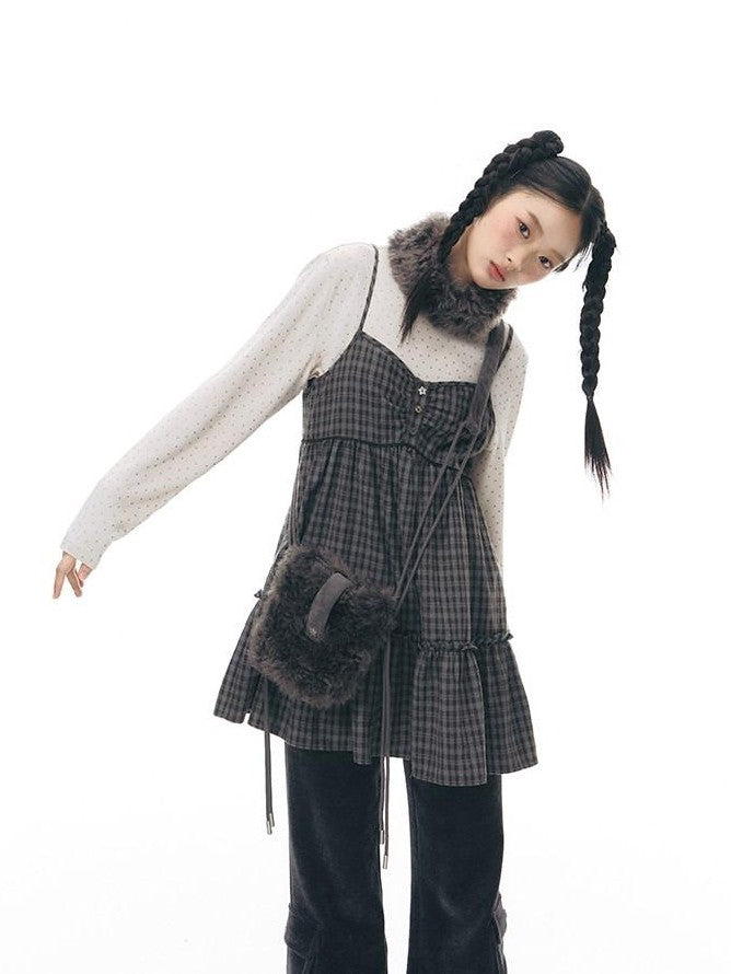 NAPSNAPS Plaid Button Ruching Ruffle Layered Women&